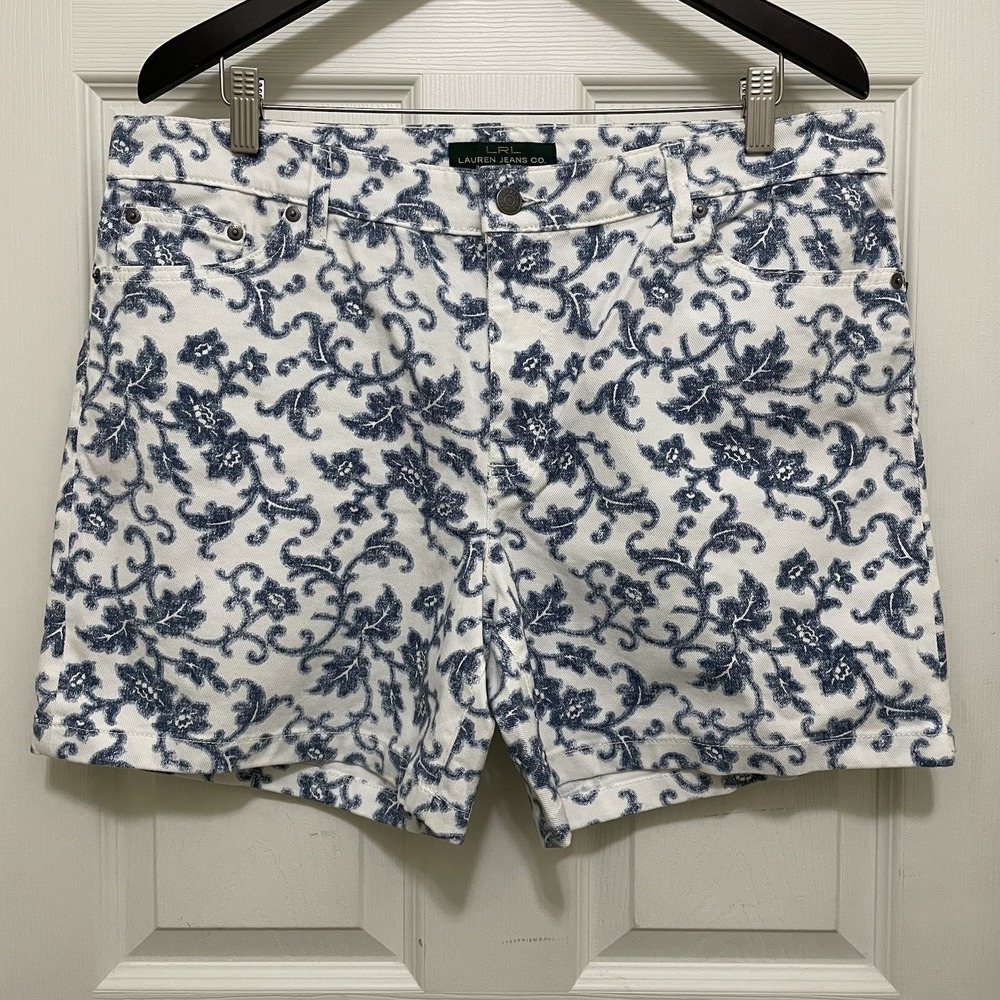 NEW LRL Lauren Jeans Co Ralph Denim Shorts Sz 14 White Blue Floral Cottagecore